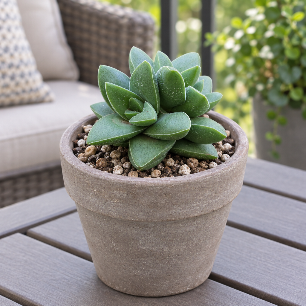 Crassula Springtime succulent in a taupe terracotta pot on a shaded patio table
