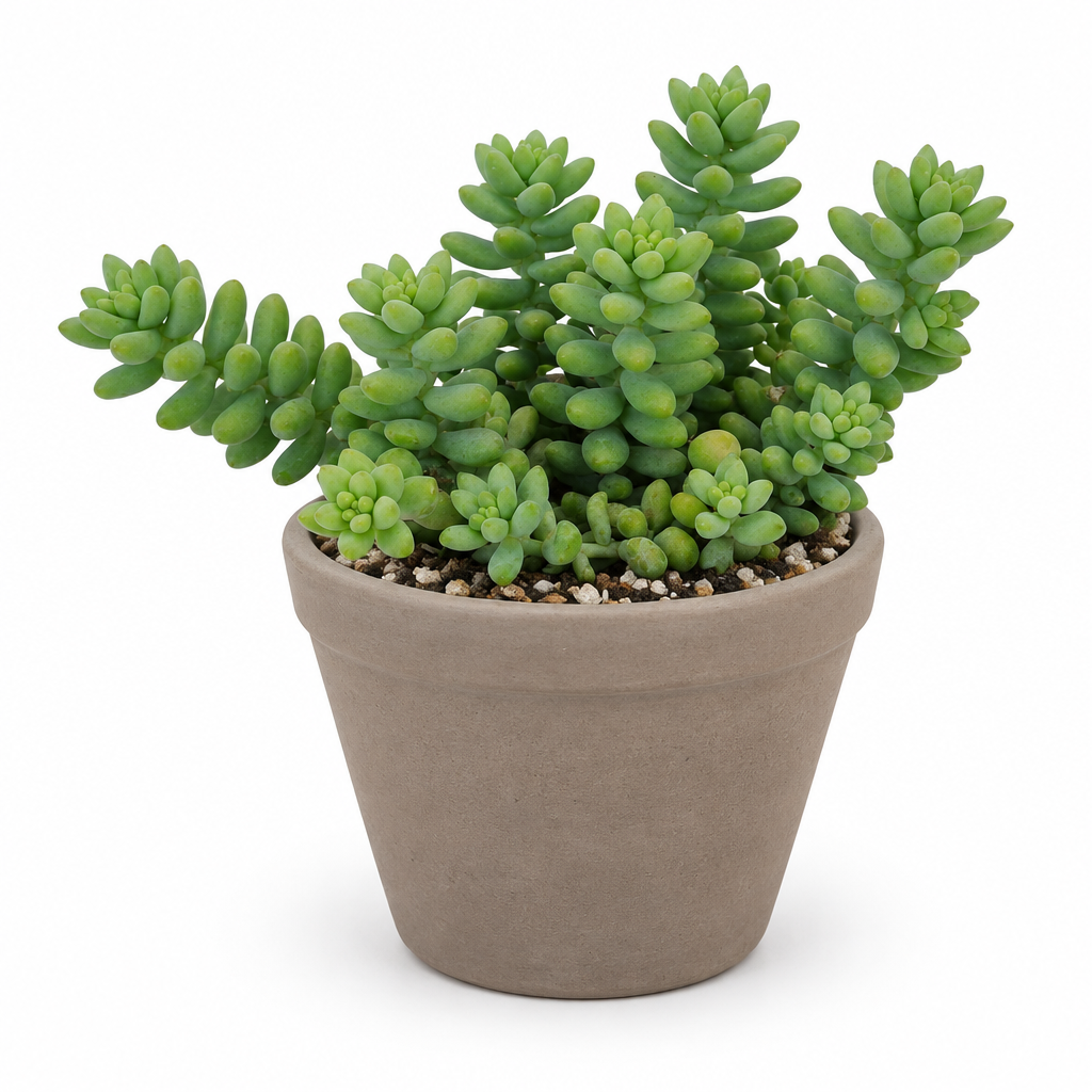Donkey Tail Sedum styled in taupe terracotta, decorative pot not included