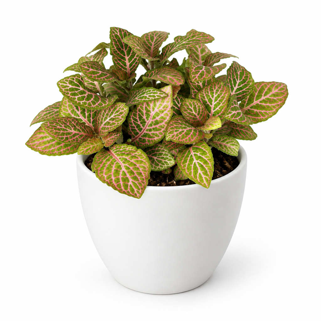 Pink Fittonia styled in a separately sold white Basel planter against a white studio background