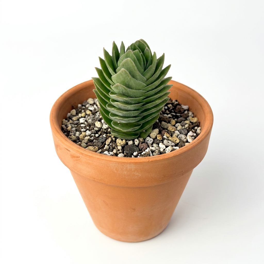 Buddha’s Temple Crassula styled in a terracotta pot on a white studio background; terracotta pot not included