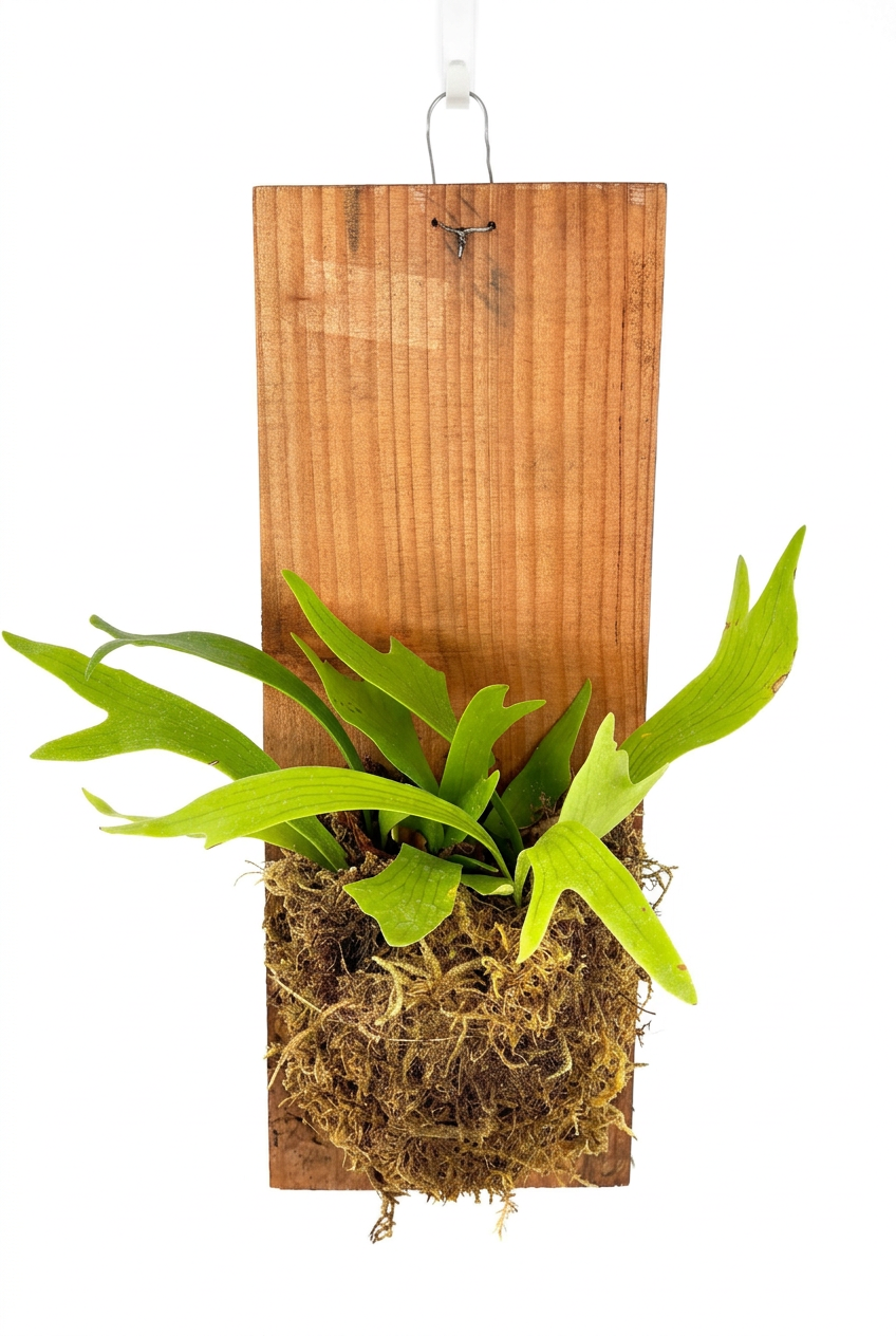 Staghorn fern with forked green fronds and moss-wrapped roots on a narrow 6 × 16-inch wood plank, suspended by hanging wire against white.