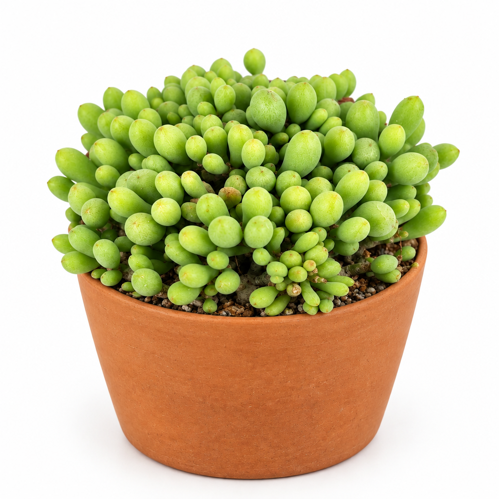 Compact Dragon Egg succulent directly planted in a warm terracotta pot on a white background