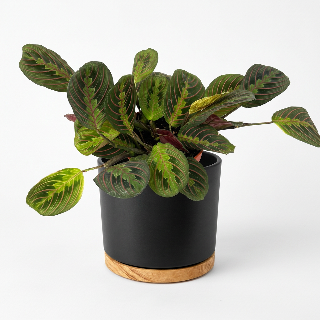 Red Prayer Plant styled in a black OSLO planter against white; decorative planter sold separately