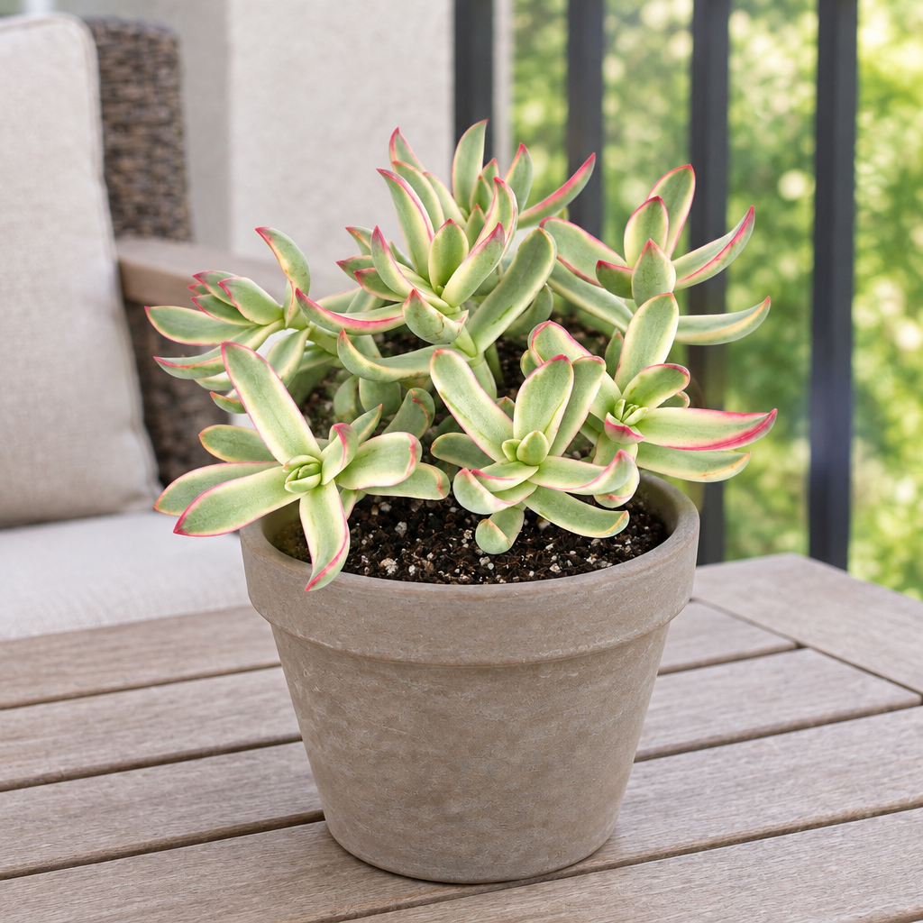 Crassula Candy Cane planted directly in taupe terracotta on a sheltered patio in soft daylight
