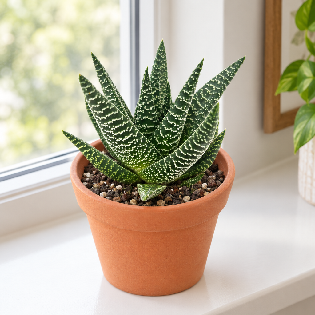 Gasteraloe Okavango in terracotta pot on indoor windowsill; decorative pot not included