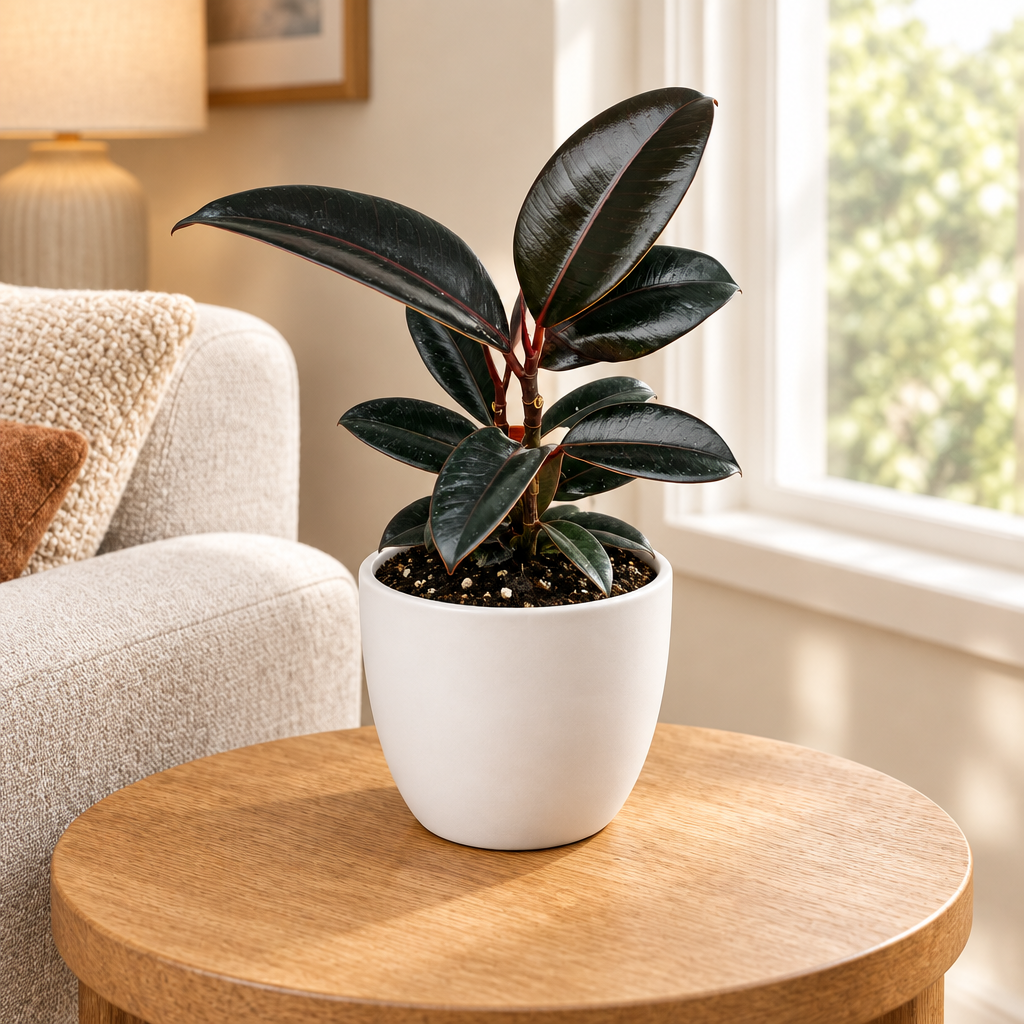Ficus Decora Burgundy styled in a separately sold white Basel planter on a living-room side table