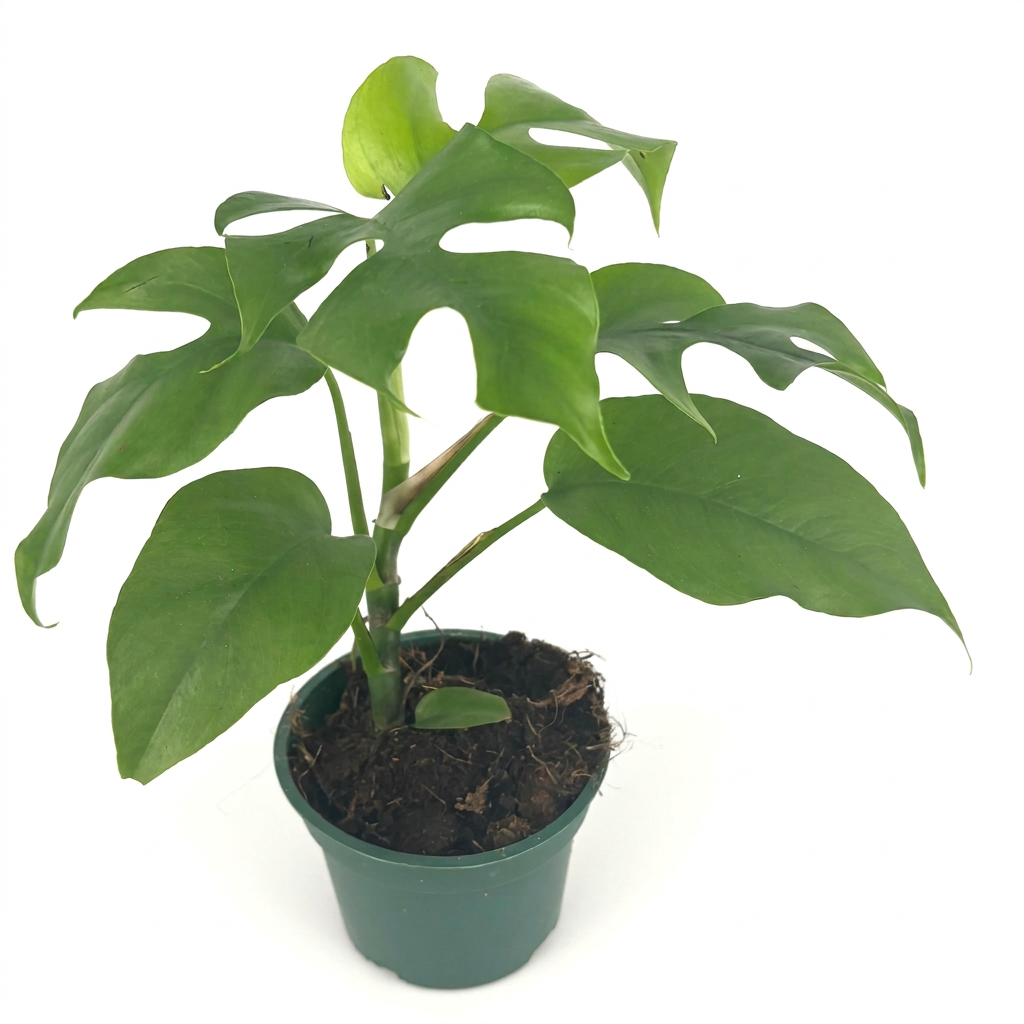 Mini Monstera Rhaphidophora tetrasperma with whole and split green leaves in a 4-inch nursery pot on white