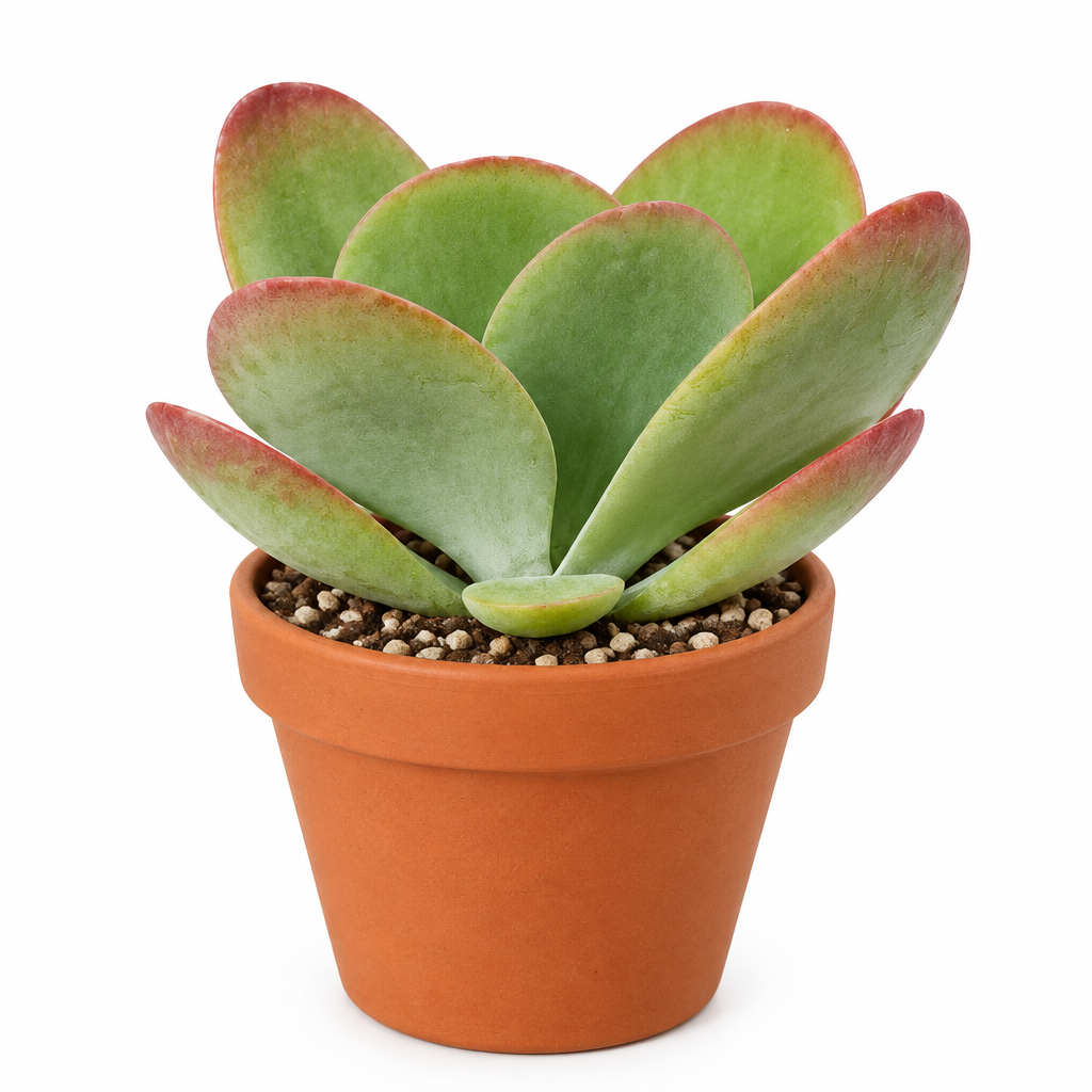 Flapjacks Kalanchoe directly planted in orange terracotta pot; decorative pot not included