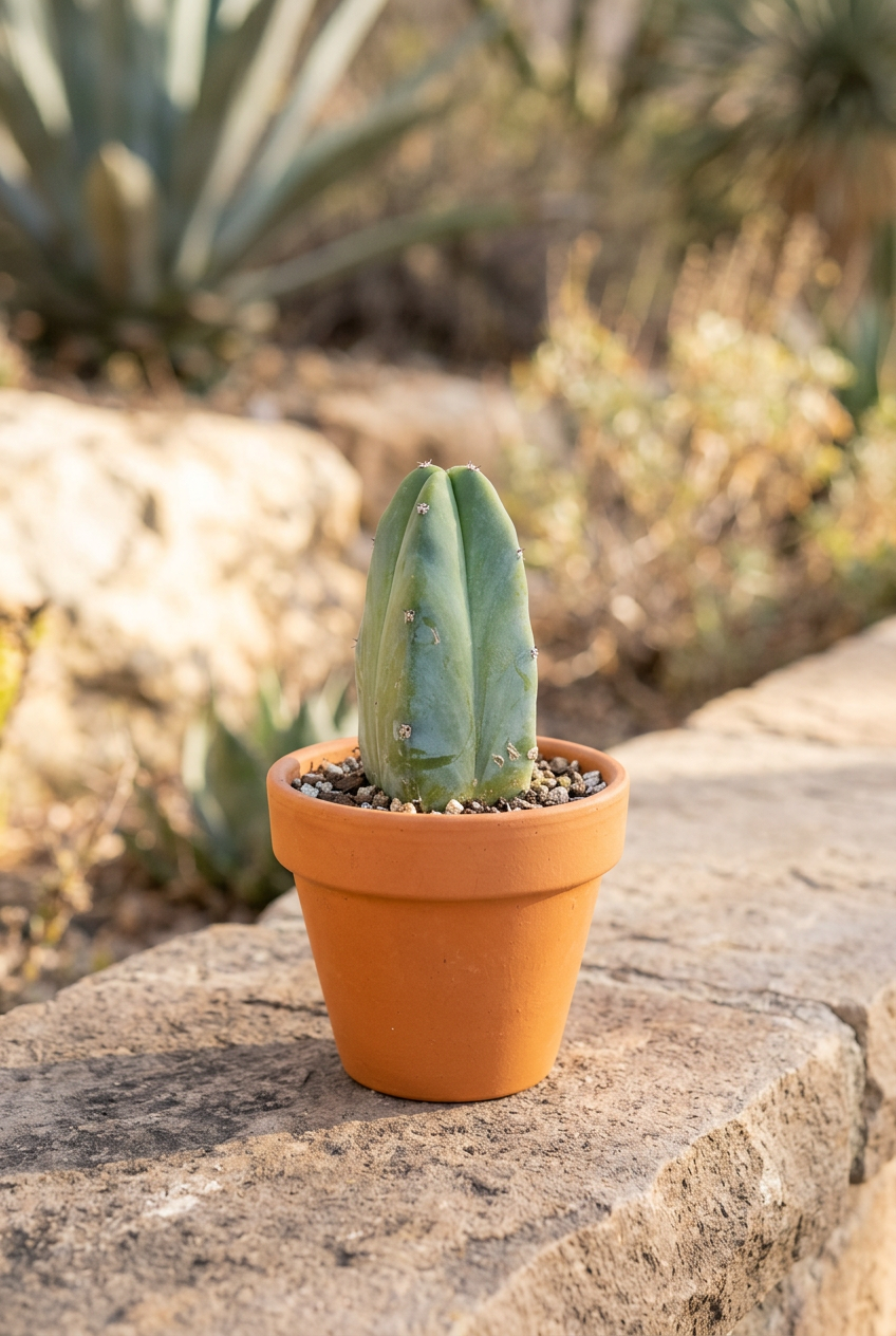 Blue Candle Cactus styled in terracotta on a stone ledge in a sheltered garden patio; decorative pot sold separately.