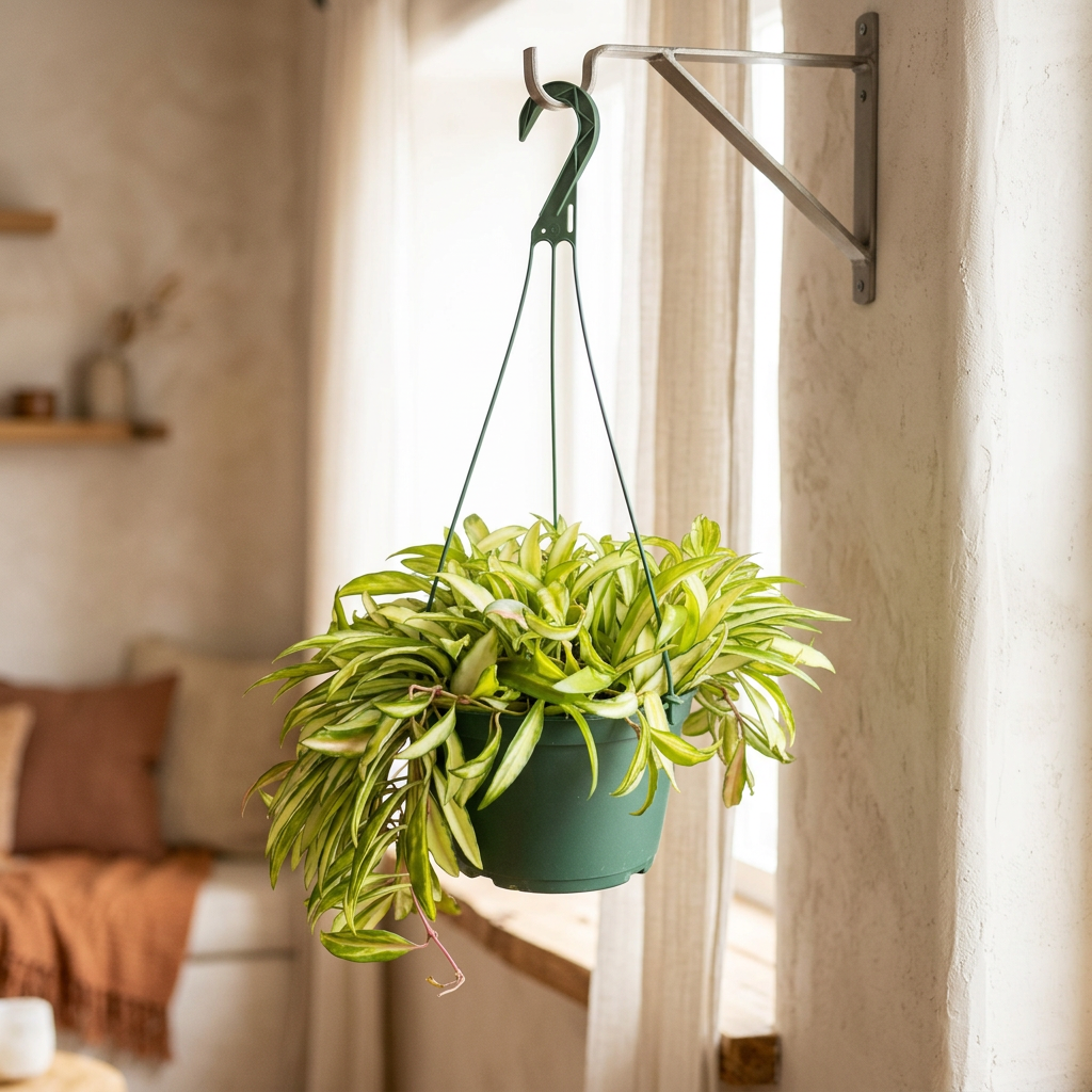 Variegated Hoya Wayetii in a green hanging grow pot supported by a hook beside a bright indoor window; display hardware not included.