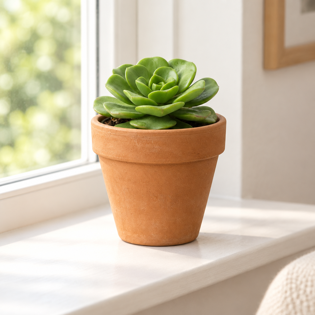 Aeonium ‘Lily Pad’ succulent in warm orange terracotta on a bright indoor windowsill