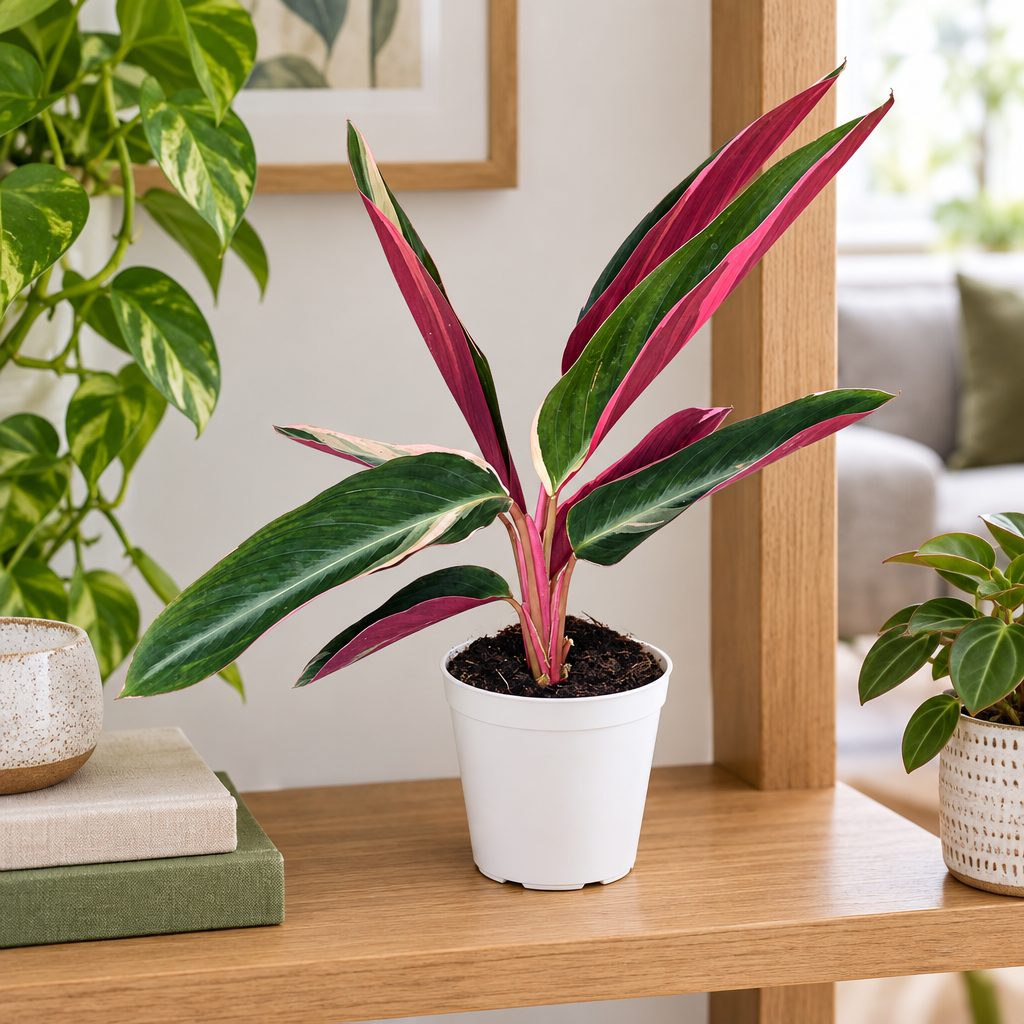 Stromanthe Triostar in nursery pot on a bright indoor shelf