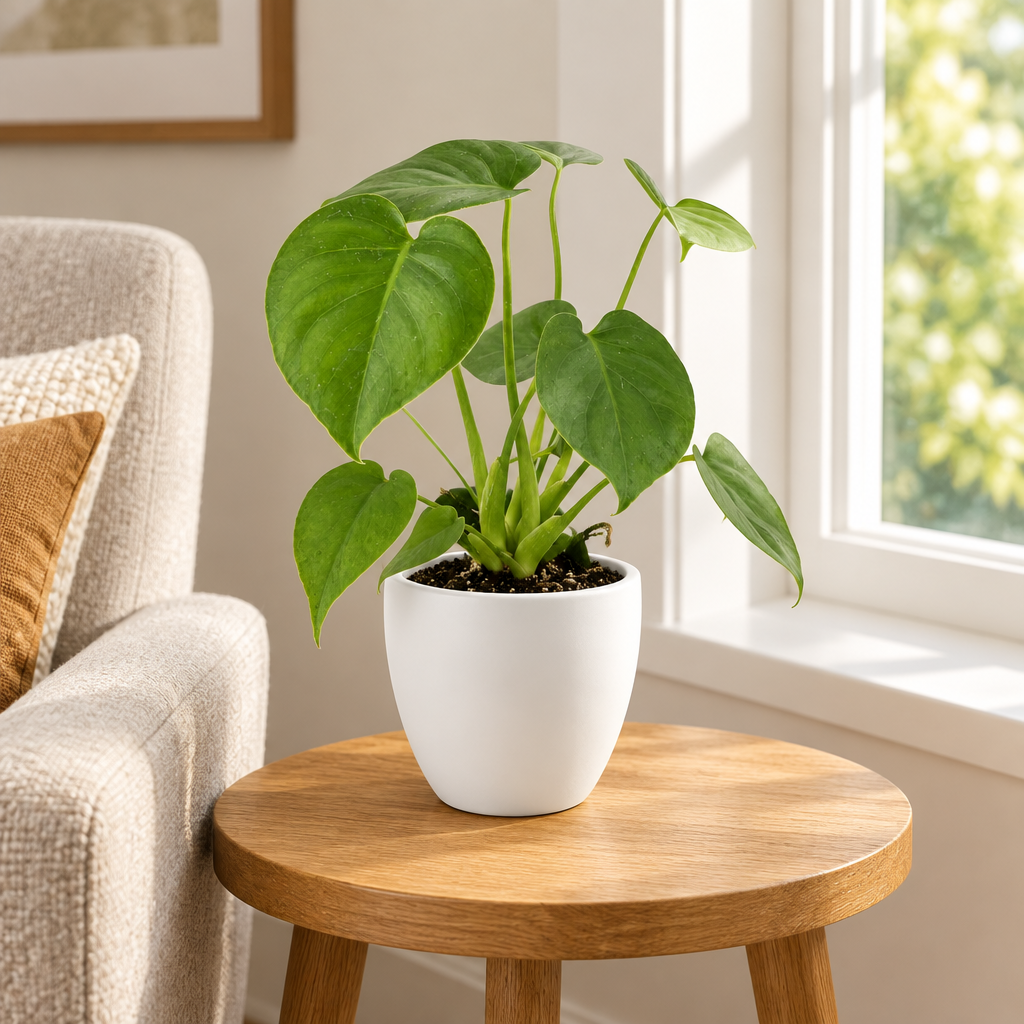Young Monstera deliciosa styled in separately sold white Basel planter on living room side table