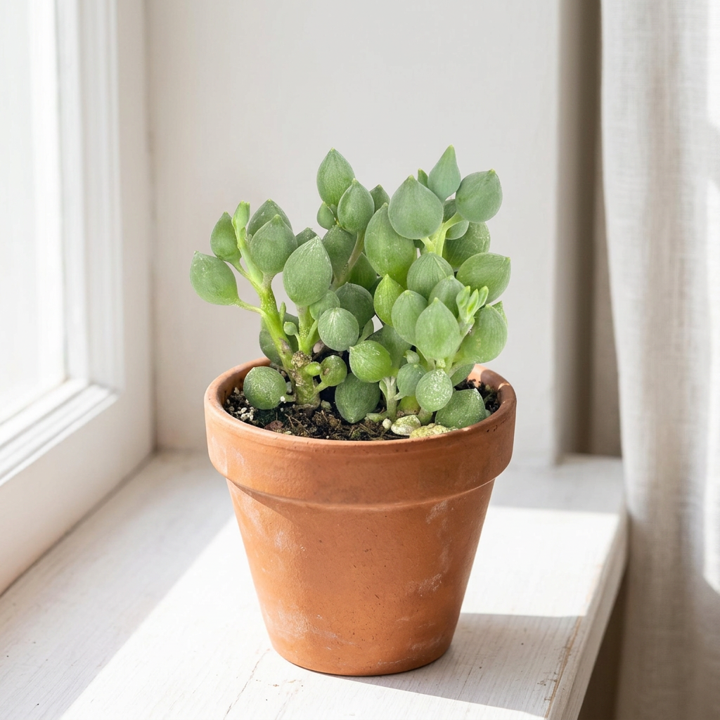 String of Lemons succulent styled in a terracotta pot on a bright indoor windowsill; decorative pot sold separately