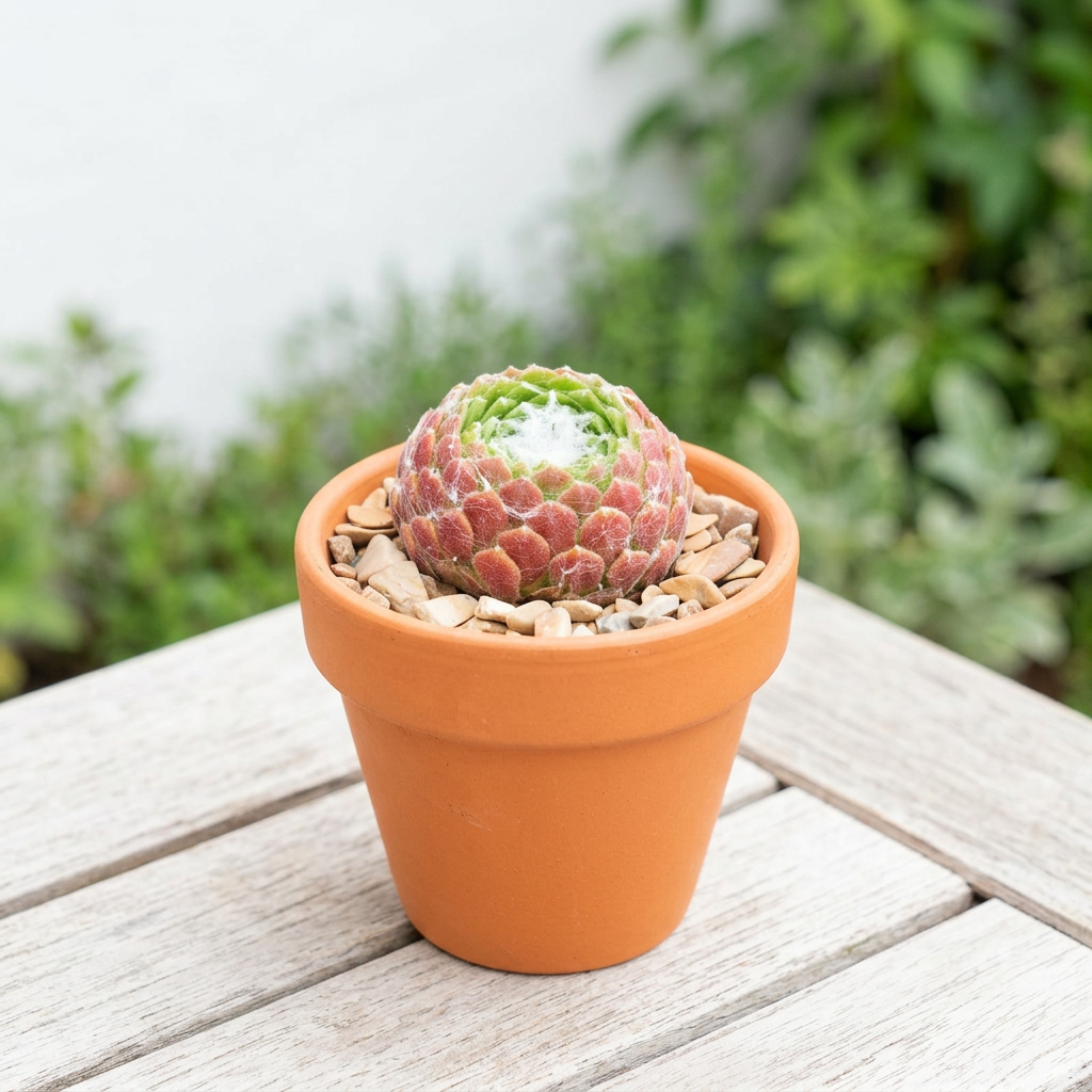 Sempervivum Cebenese styled on a bright outdoor patio in a terracotta pot; decorative pot sold separately