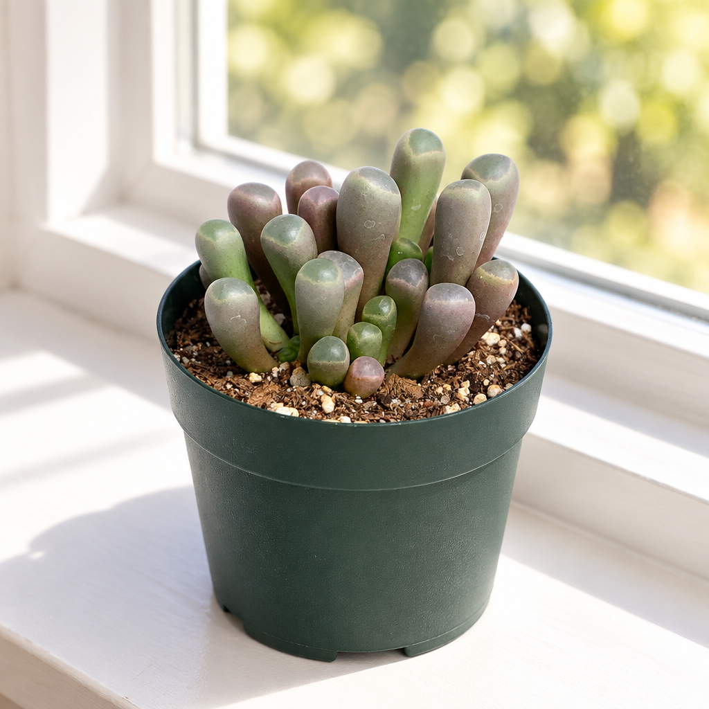 Baby Toes succulent in its nursery pot on a bright indoor windowsill