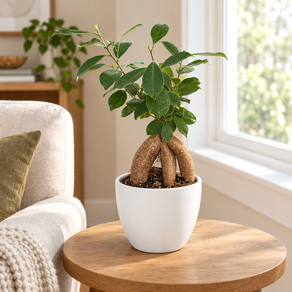 Ginseng Ficus with exposed roots styled in separately sold white Basel planter on living room table