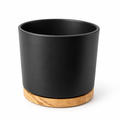 Empty black Oslo 6-inch planter with wood-grain base on a white studio background; plant not included
