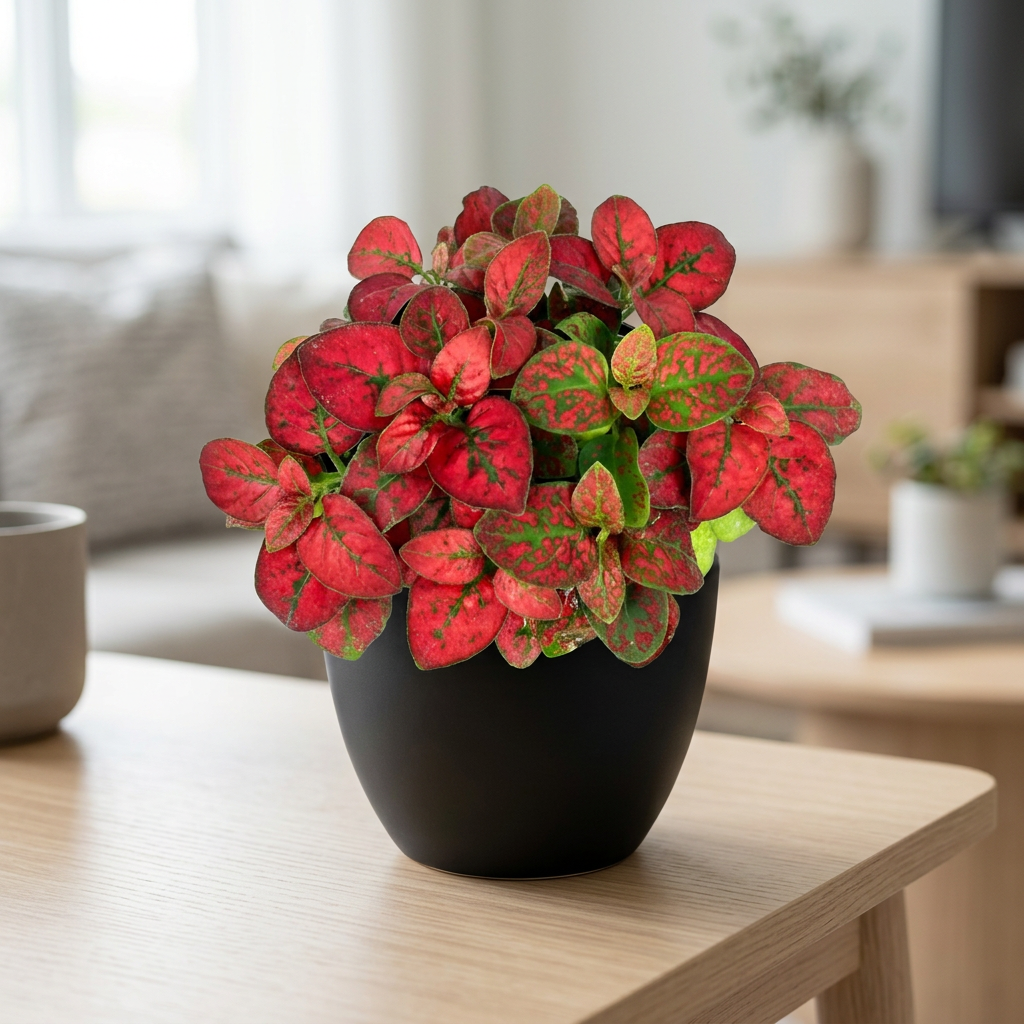Hypoestes Red Splash in a black BASEL 4.7-inch planter on a bright living-room table; planter sold separately, plant ships in a 3.5-inch nursery grow pot, furnishings not included