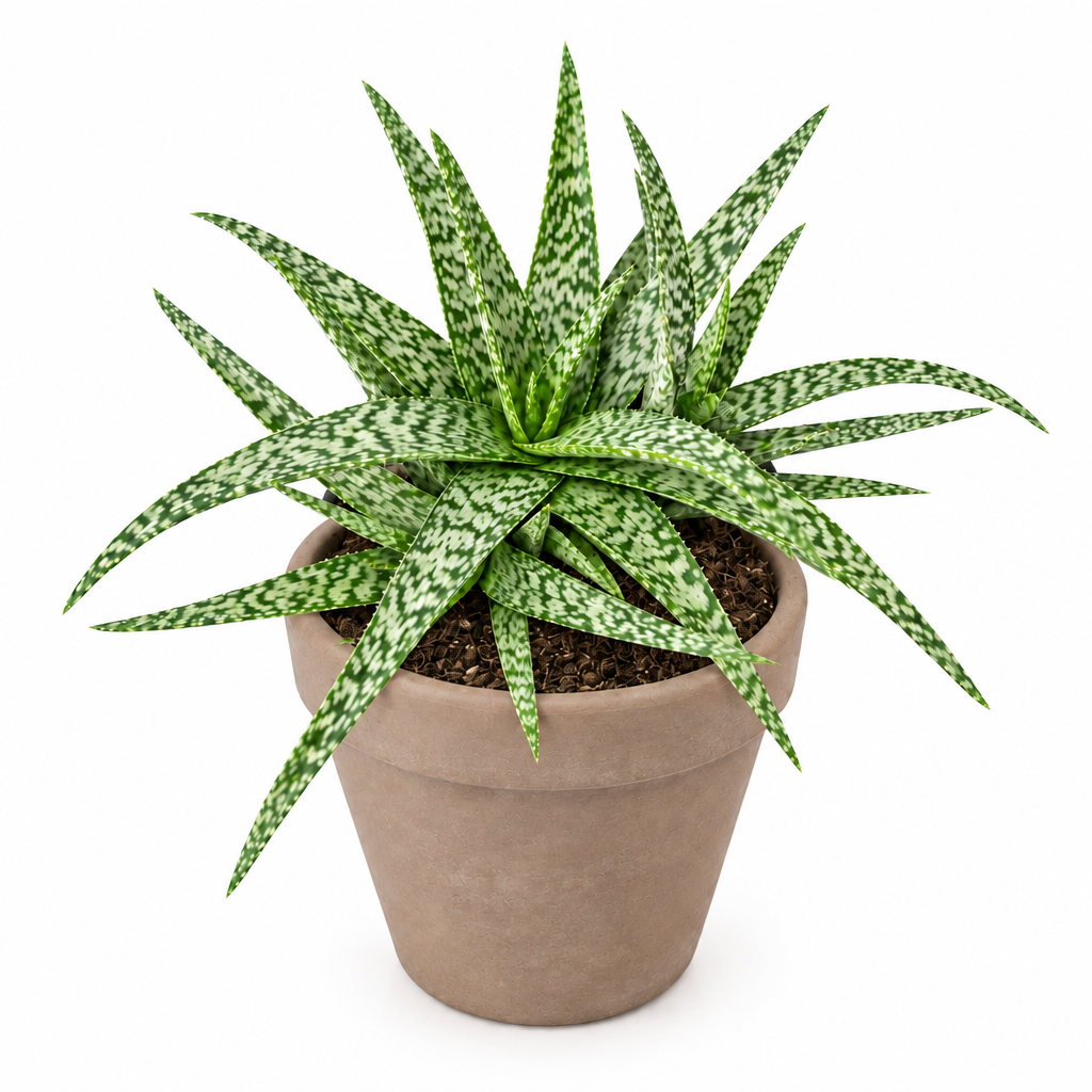 Aloe White Beauty directly planted in a taupe terracotta pot on a white background