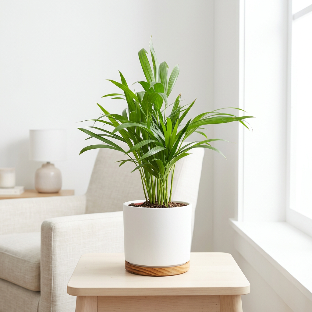 Areca Palm near a bright indoor window in a white OSLO planter; decorative planter sold separately