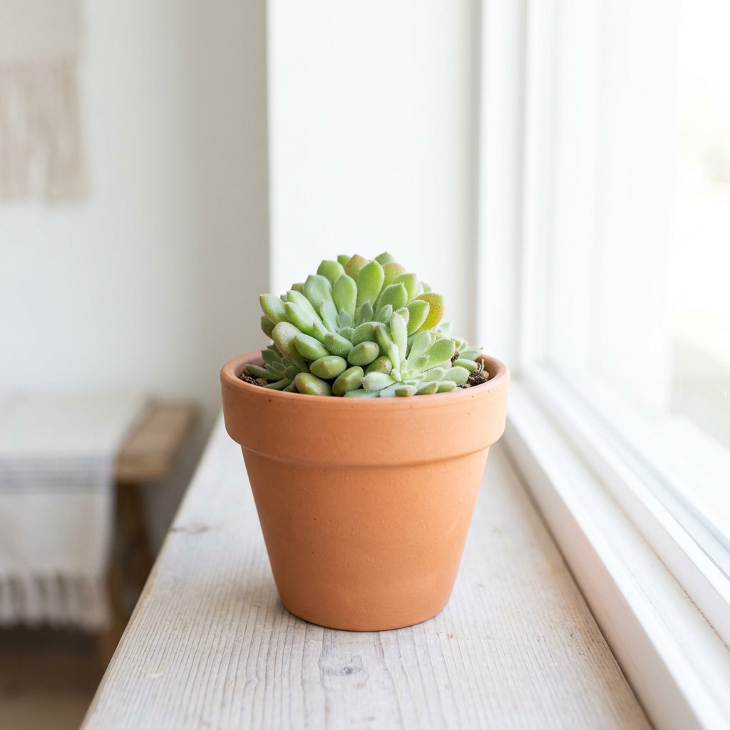 Orostachys Chanetii styled by a bright indoor window in a terracotta pot; decorative pot sold separately