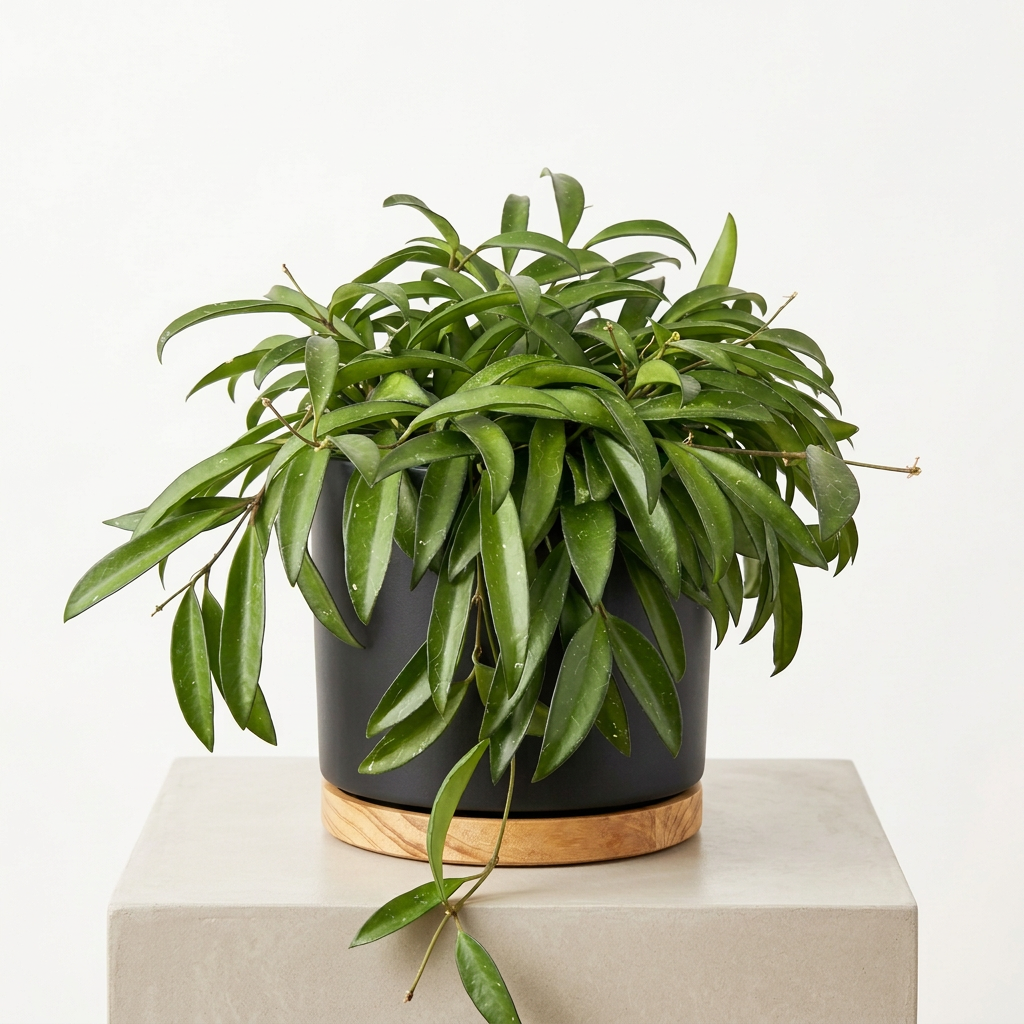 Hoya Wayetii styled in a black OSLO decorative planter with wooden base, sold separately
