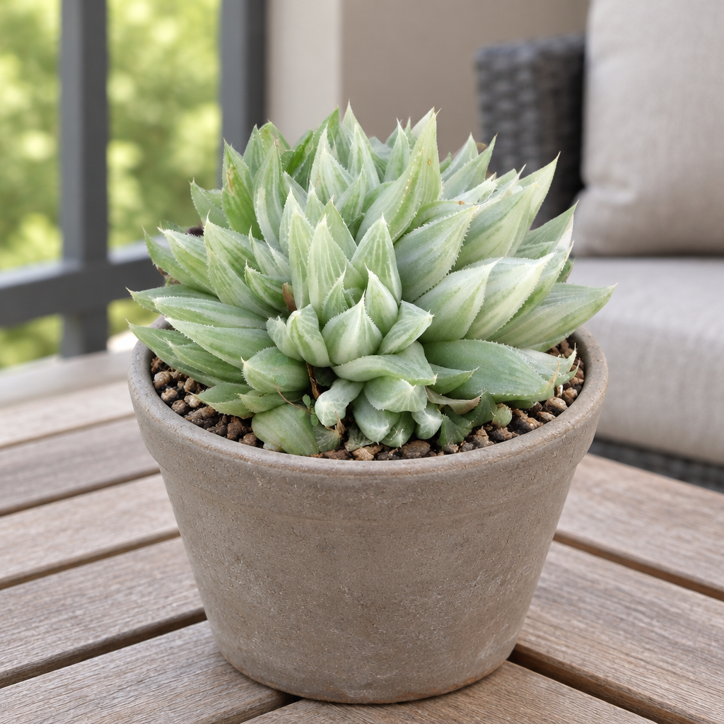 White Ghost Haworthia cluster planted in taupe terracotta on a sheltered outdoor patio