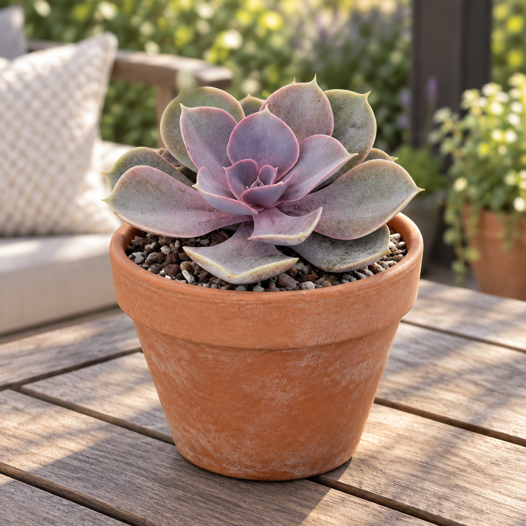 Echeveria Perle von Nürnberg on a patio table in a decorative terracotta pot, pot not included