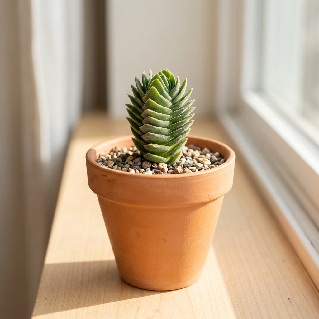Buddha’s Temple Crassula styled in a terracotta pot indoors on a windowsill; terracotta pot not included