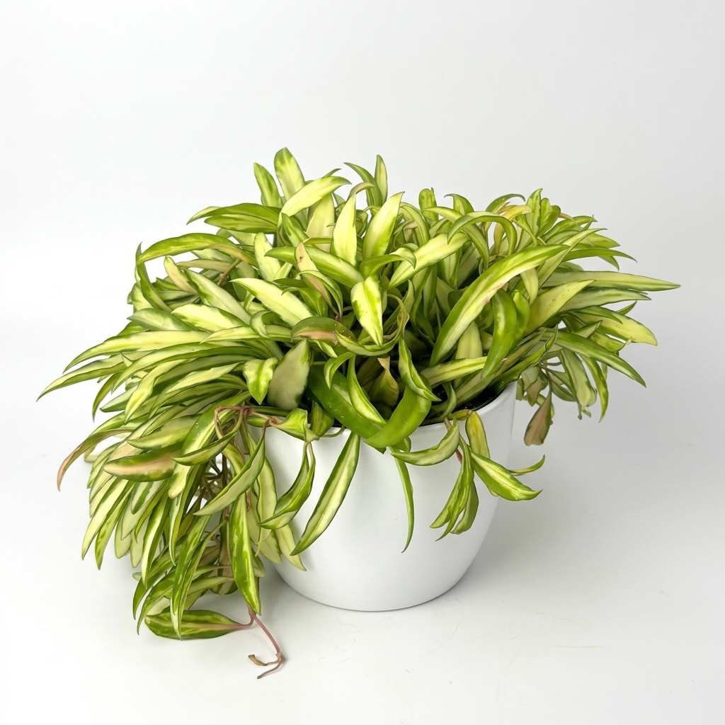Variegated Hoya Wayetii styled in a white BASEL 6-inch decorative planter on white; planter sold separately.
