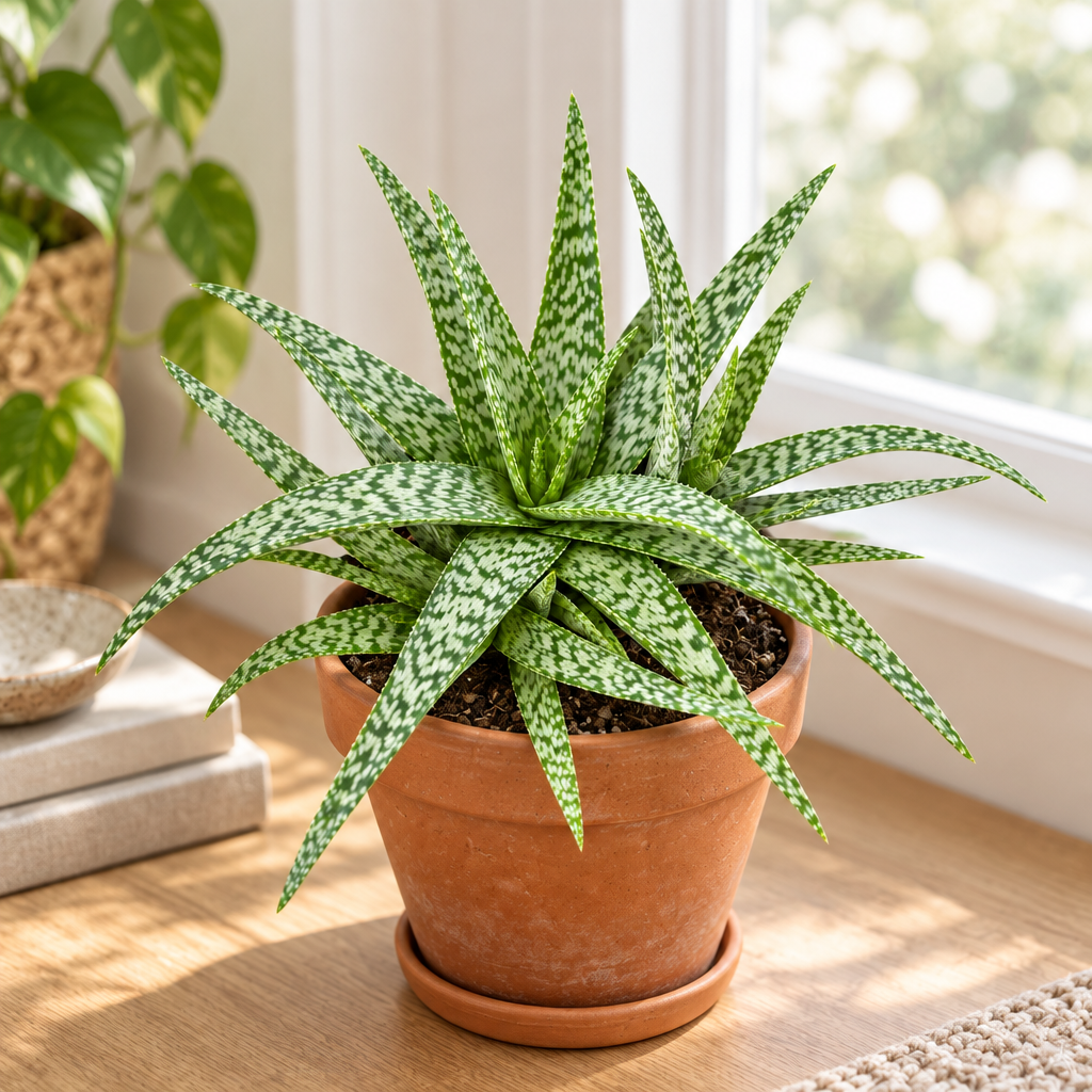Aloe White Beauty in a terracotta pot beside a bright window with filtered light