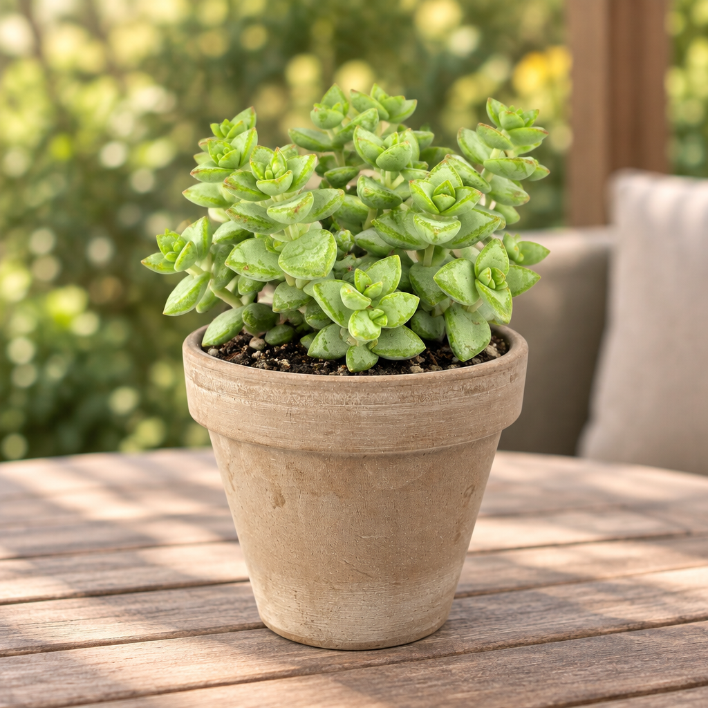 Rosary Succulent (Crassula rupestris) with clustered lime-green and pale leaves in a taupe terracotta pot on a sunny patio