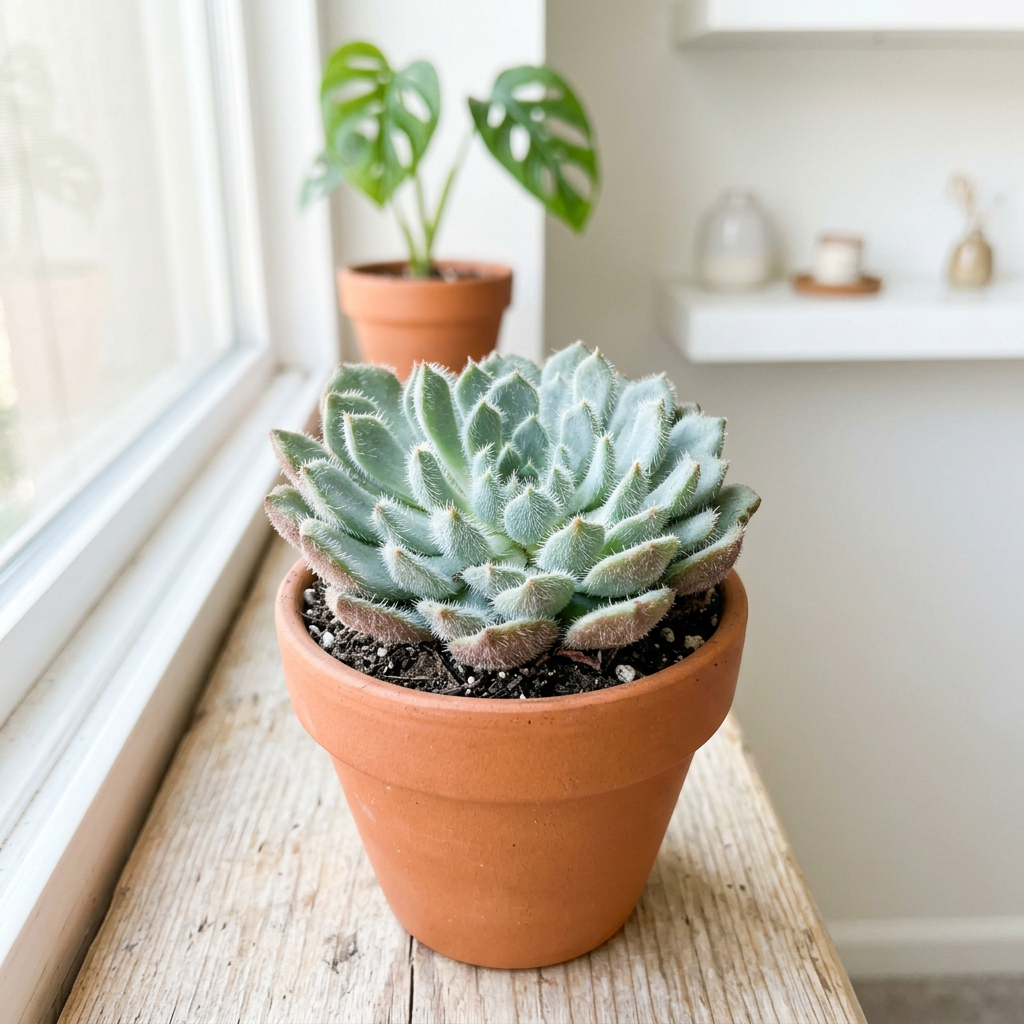 Blue Woolly Rose Echeveria FO-42 styled in a small terracotta pot on a bright indoor windowsill; decorative pot sold separately