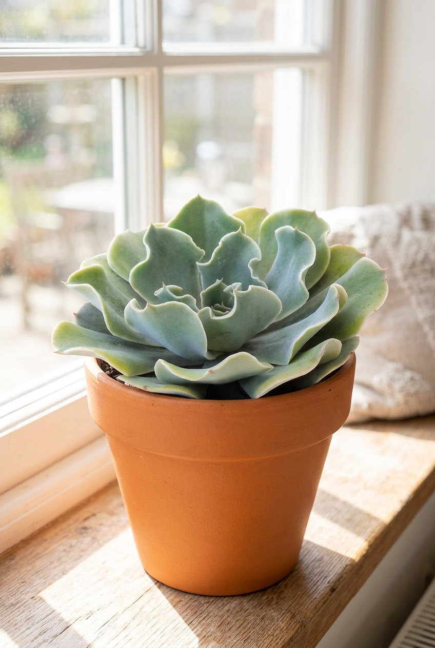 Blue Rose Echeveria with wavy leaf edges styled in terracotta beside an indoor window; decorative pot sold separately.