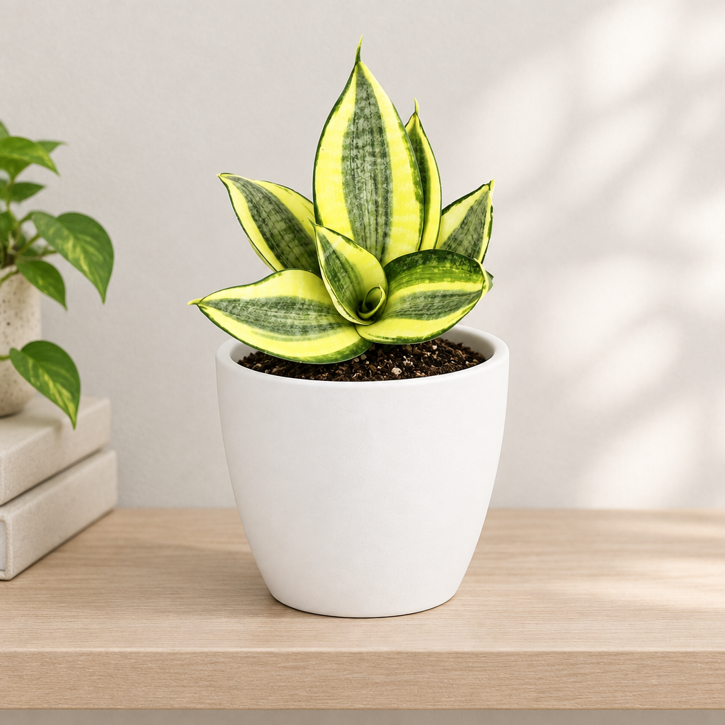Hahnii Gold Star snake plant styled in separately sold white Basel planter