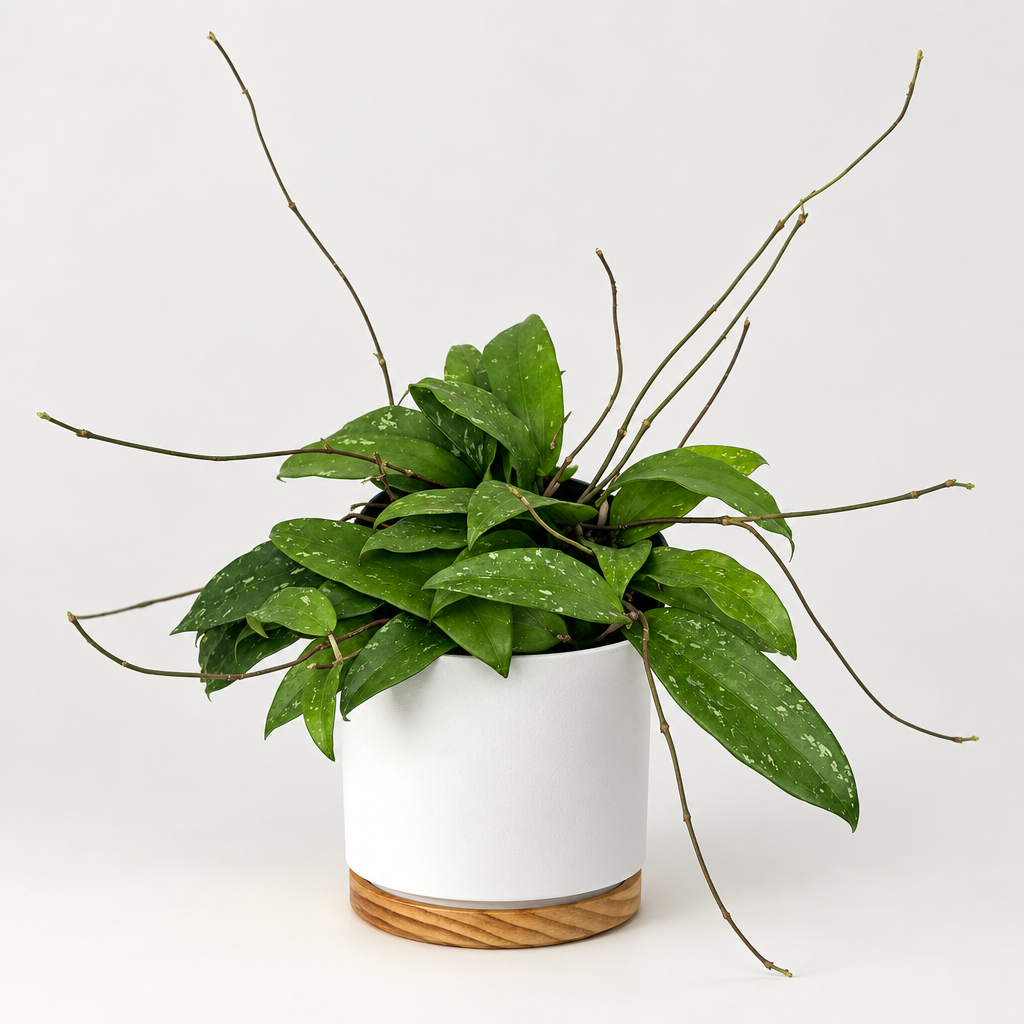 Hoya rigida with green speckled leaves and long vines styled in a white 6-inch Oslo pot with wood base