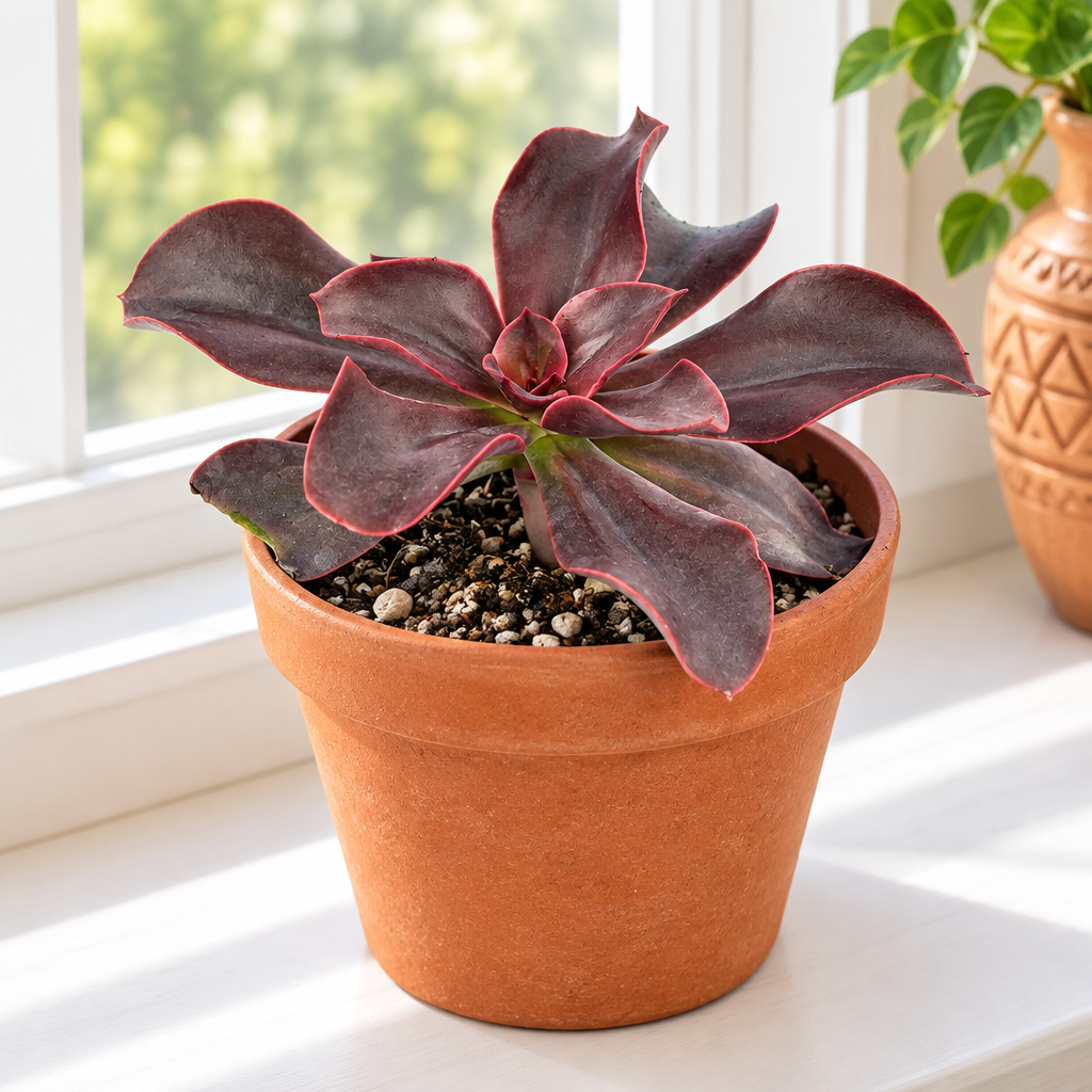 Red Barron Echeveria in terracotta pot on bright indoor windowsill; pot not included