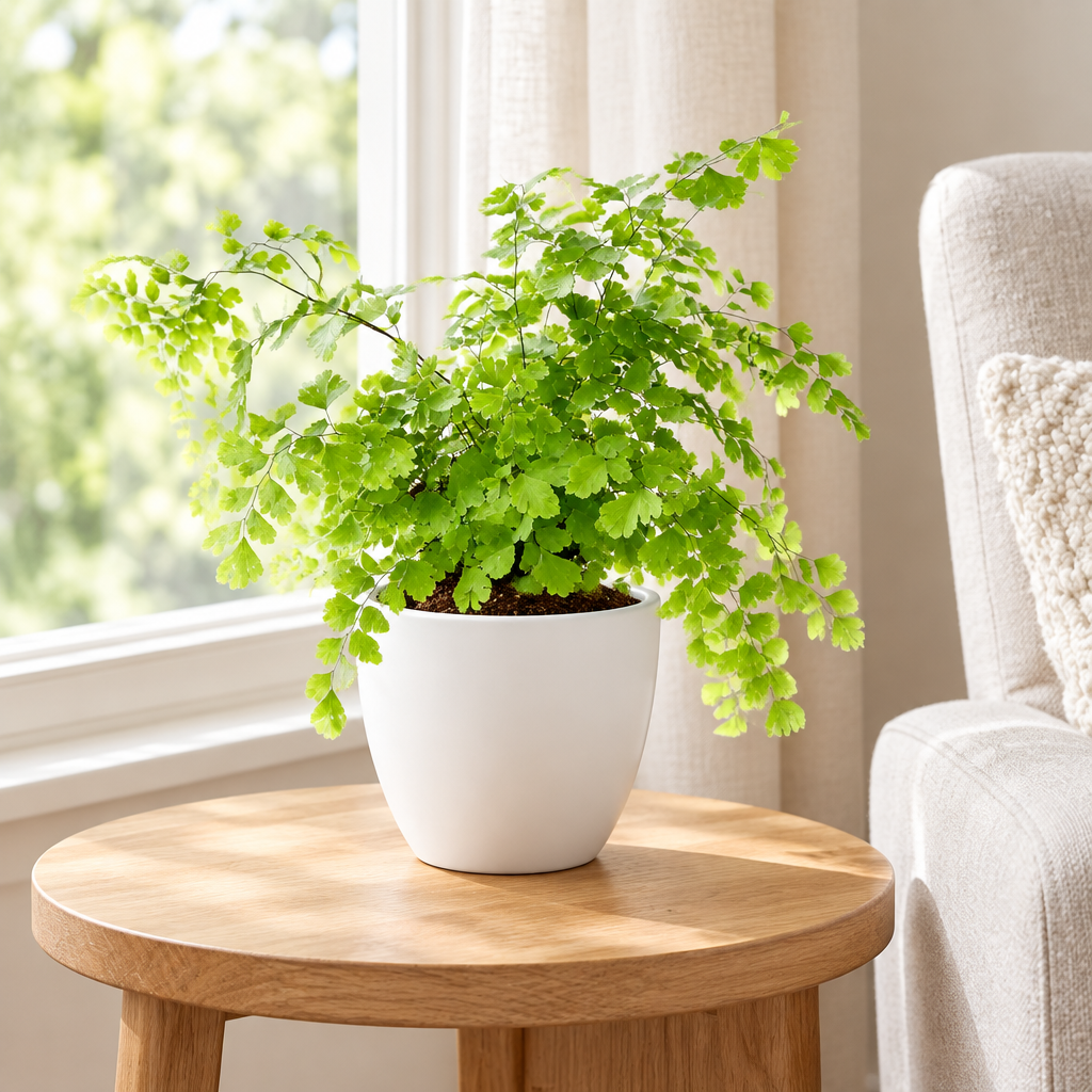 Maidenhair fern styled in separately sold white Basel planter on living room table