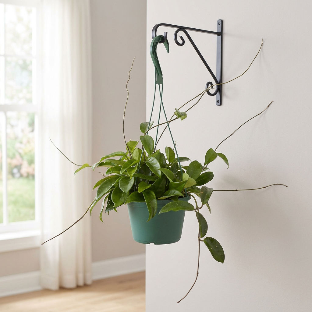 Hoya carnosa in its green hanging pot supported by a wall bracket near a window; wall bracket and furnishings not included.