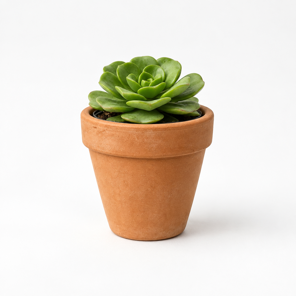 Aeonium ‘Lily Pad’ succulent with a green rosette in a warm orange terracotta pot on white
