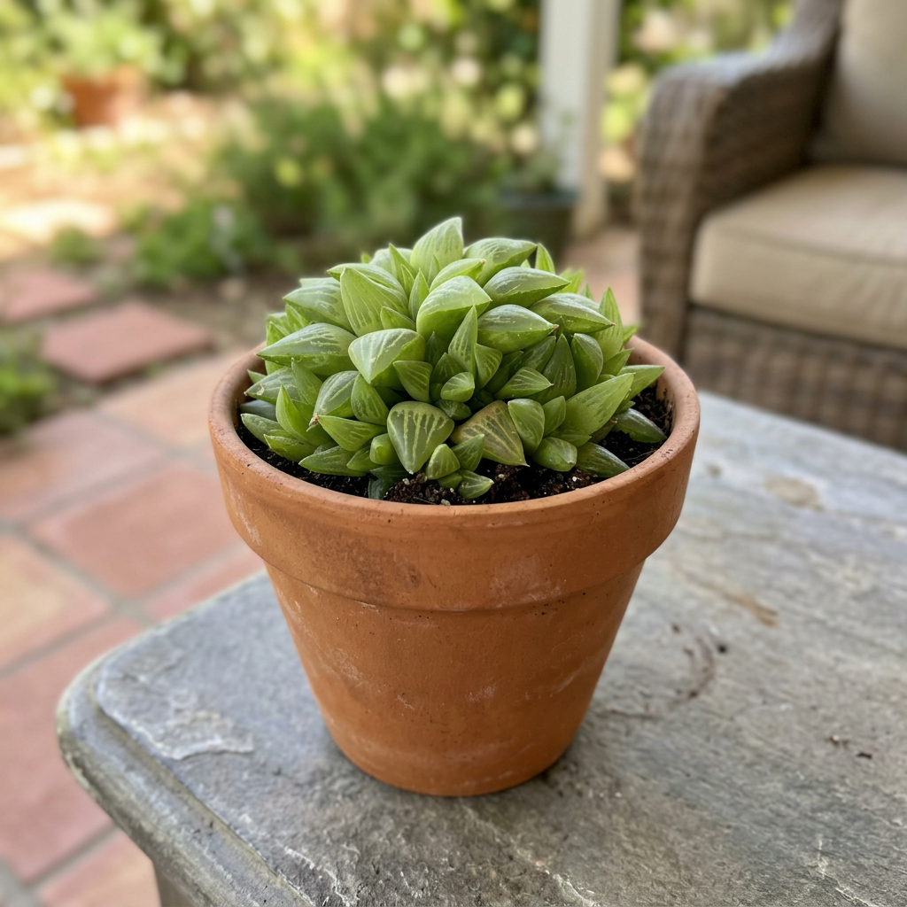 Haworthia retusa styled in terracotta on a shaded patio table; decorative pot not included