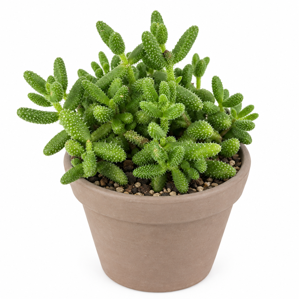 Delosperma echinatum Pickle Plant in decorative taupe terracotta pot on white background; pot not included