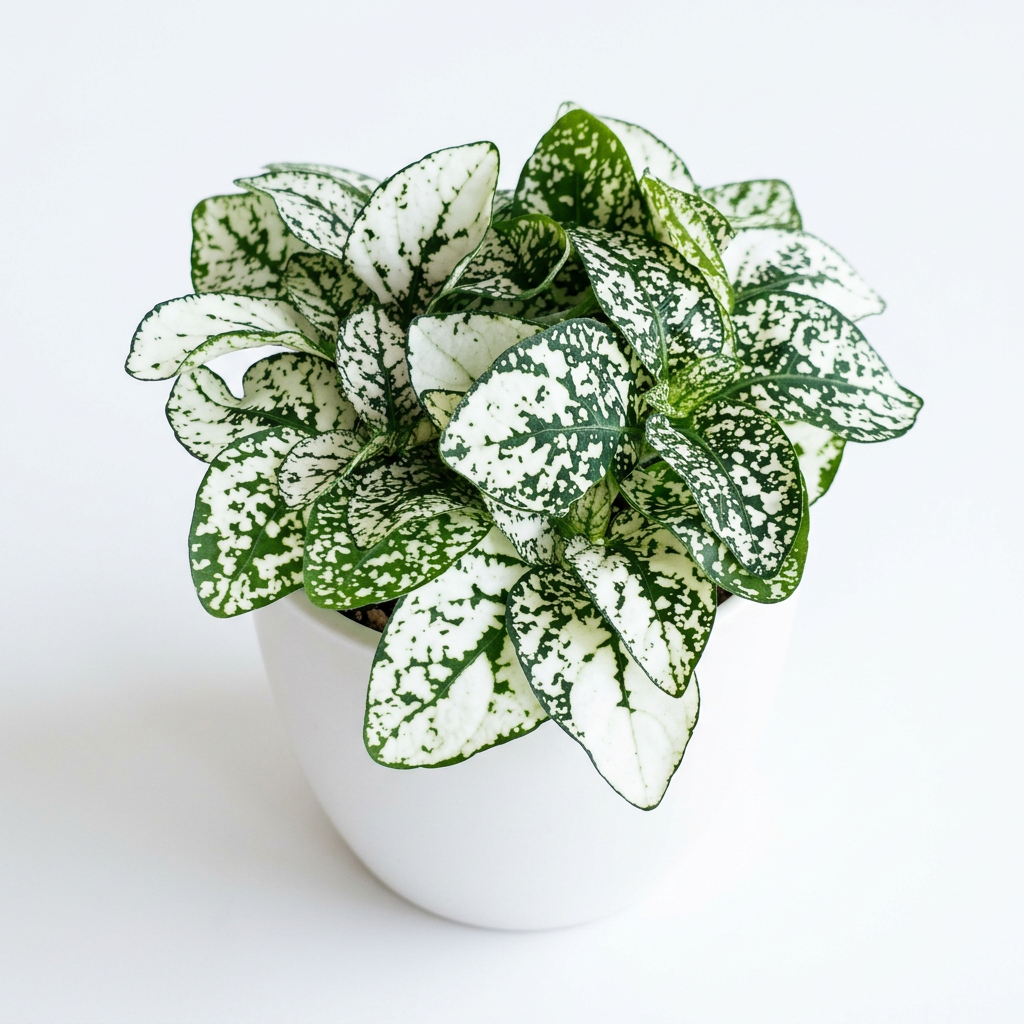 Hypoestes White Splash Polka Dot Plant in a white BASEL 4.7-inch planter on white; planter sold separately, plant ships in a 3.5-inch nursery grow pot