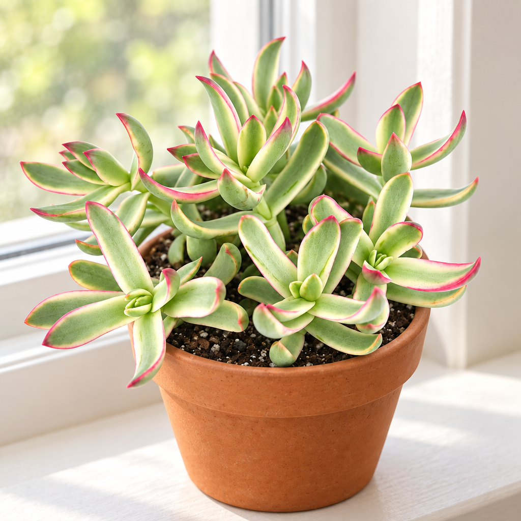 Crassula Candy Cane planted in terracotta on a bright indoor windowsill with cream-and-green variegated leaves