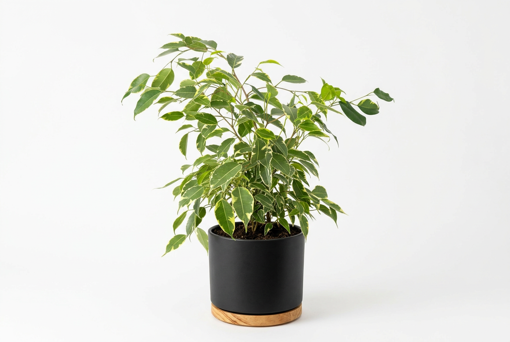 Ficus benjamina Spearmint styled in a black Oslo planter with a wood-grain base on a white background; decorative planter sold separately