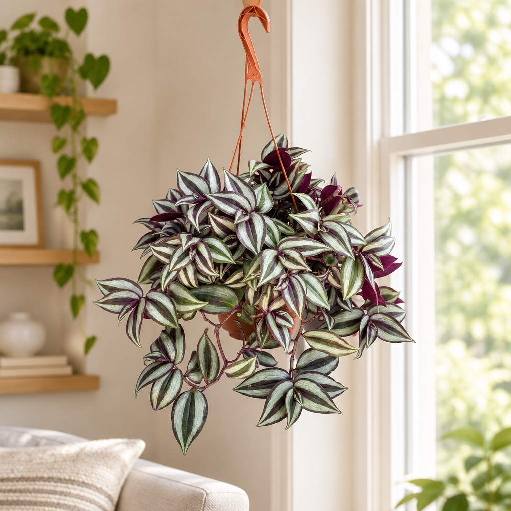Tradescantia Silver Plus in its 6-inch hanging pot beside a bright living room window