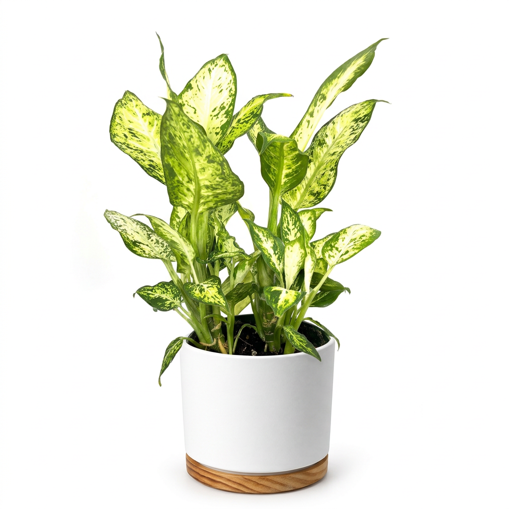 Dieffenbachia Amy styled in a white OSLO planter against a white background; decorative planter sold separately