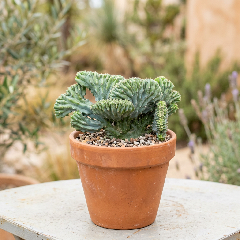 Crested Blue Candle cactus styled in terracotta on a sheltered patio; decorative pot sold separately, plant ships in nursery pot.