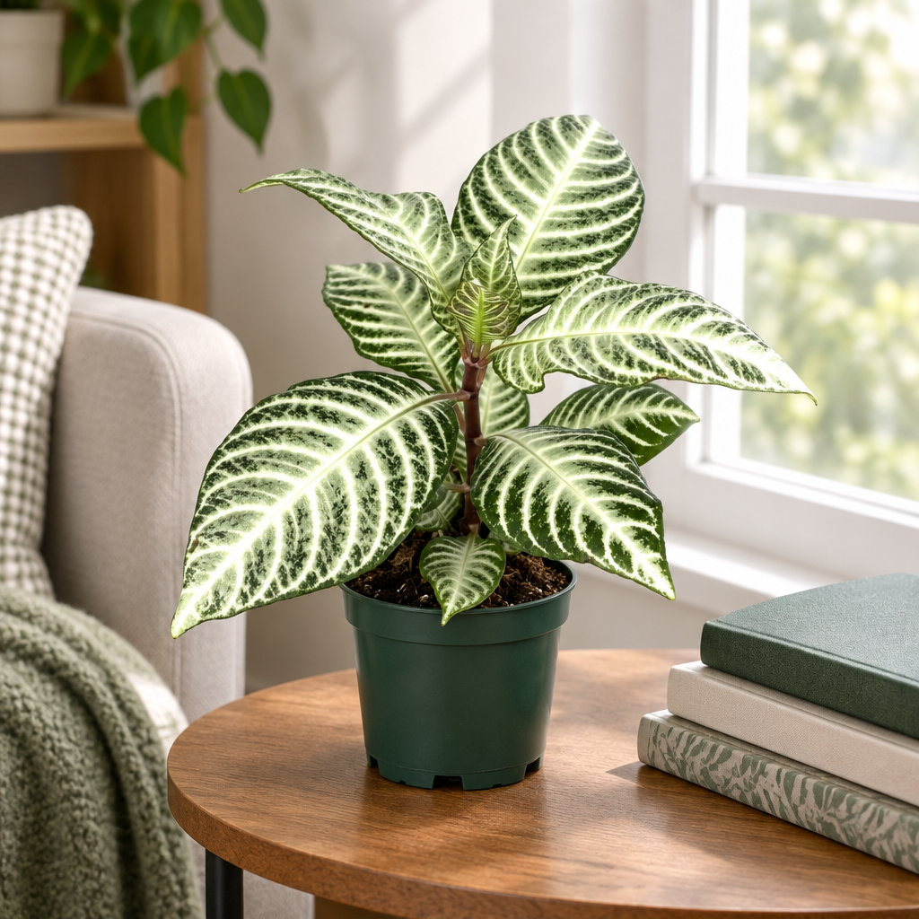 Young Zebra Snowflake Aphelandra in its 4-inch nursery pot on an indoor table